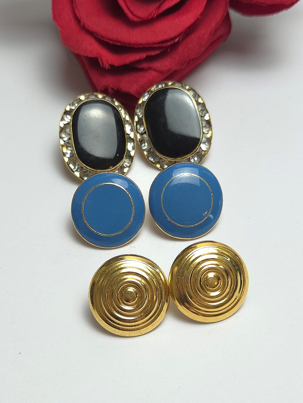 3 Pairs Vintage Post Earrings Black Crystal Earrings Blue Enamel & Gold Circles